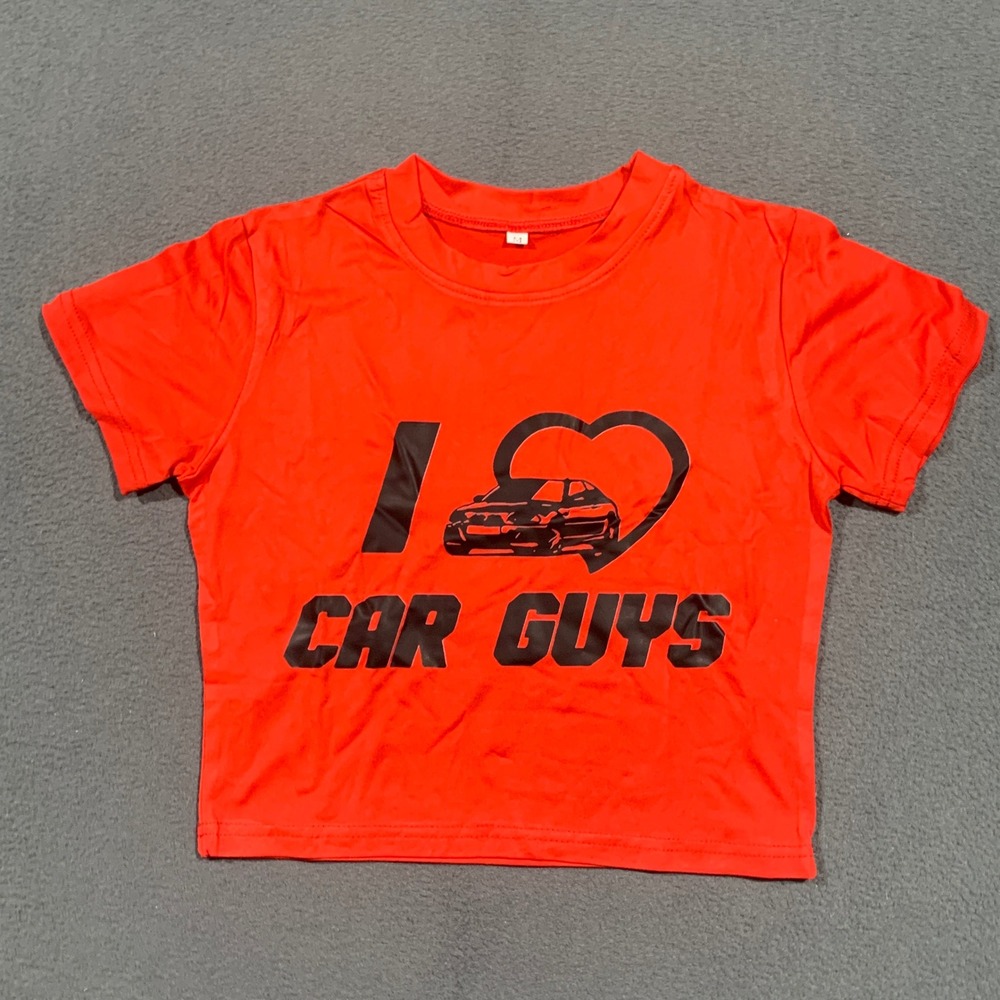 Baby Tee Juniors Medium Red I Love Car Guys Crop Top T Shirt Graphic